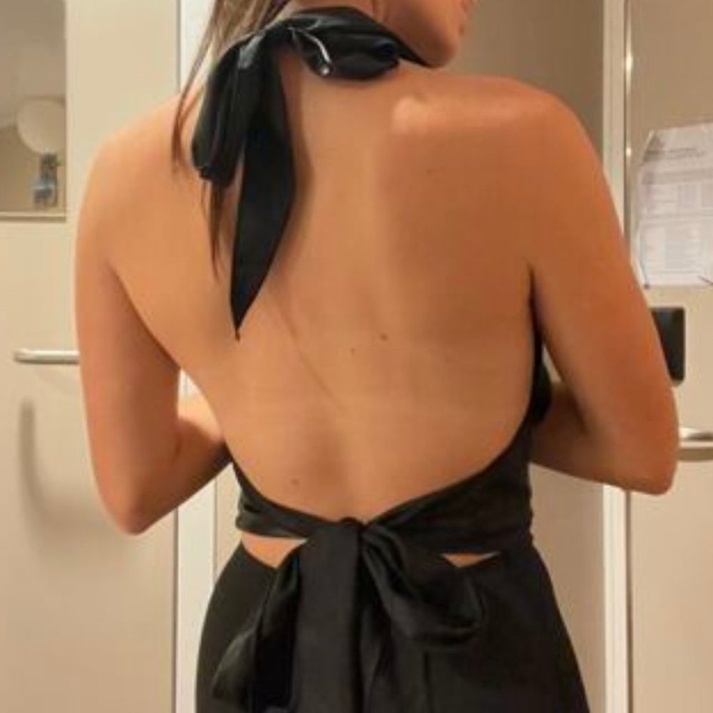 Black Satin Tie Back Backless Halter Top - Picture 8 of 10